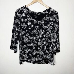 Croft And Barrow Black White Cotton Stretch‎ 3/4 Sleeve Top Floral Womens XL